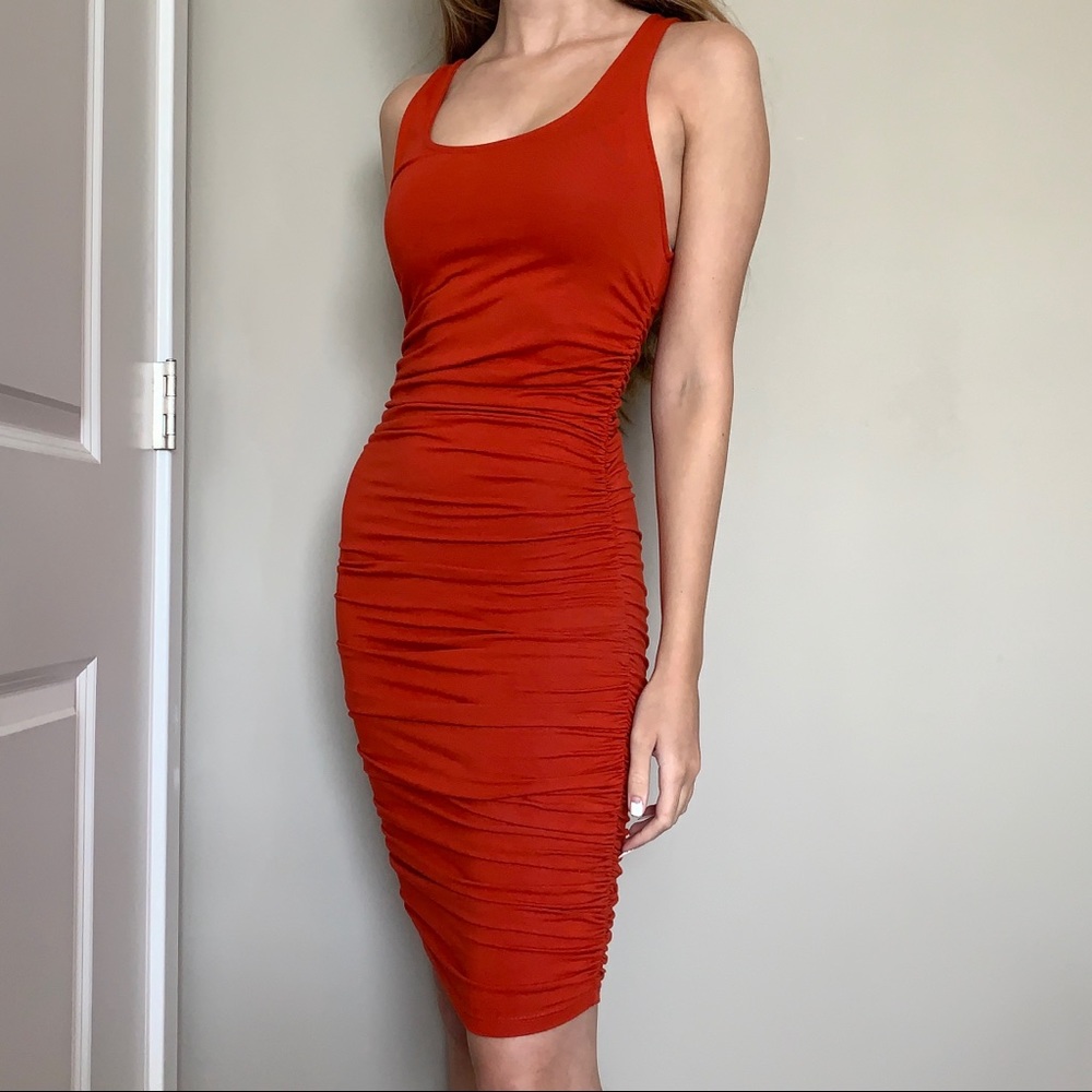 F21 burnt orange ruched bodycon tank dress size XS
